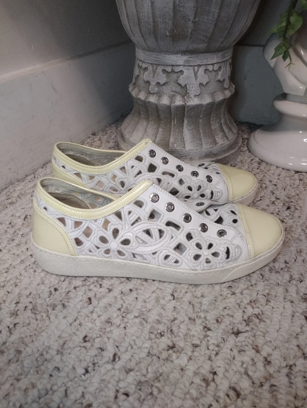 Chanel White & Cream Floral Laser Cutout Lace-up Sneakers - Picture 9 of 9